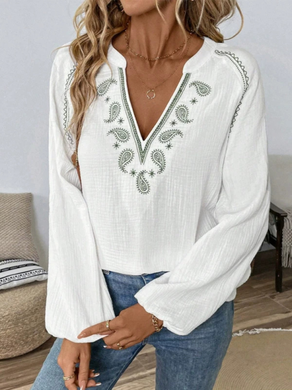 ZARA Summer Loose Casual Collared Long Sleeve Embroidered Shirt